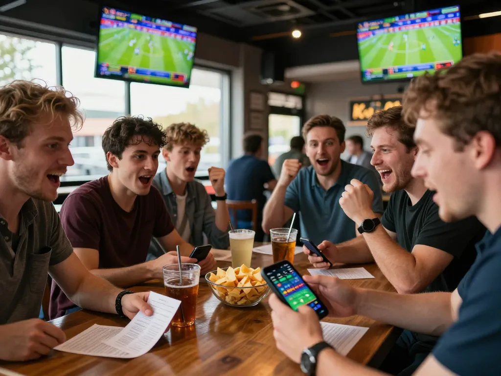Engaging sports betting experience at the bar with 88i app analysis and friends cheering.