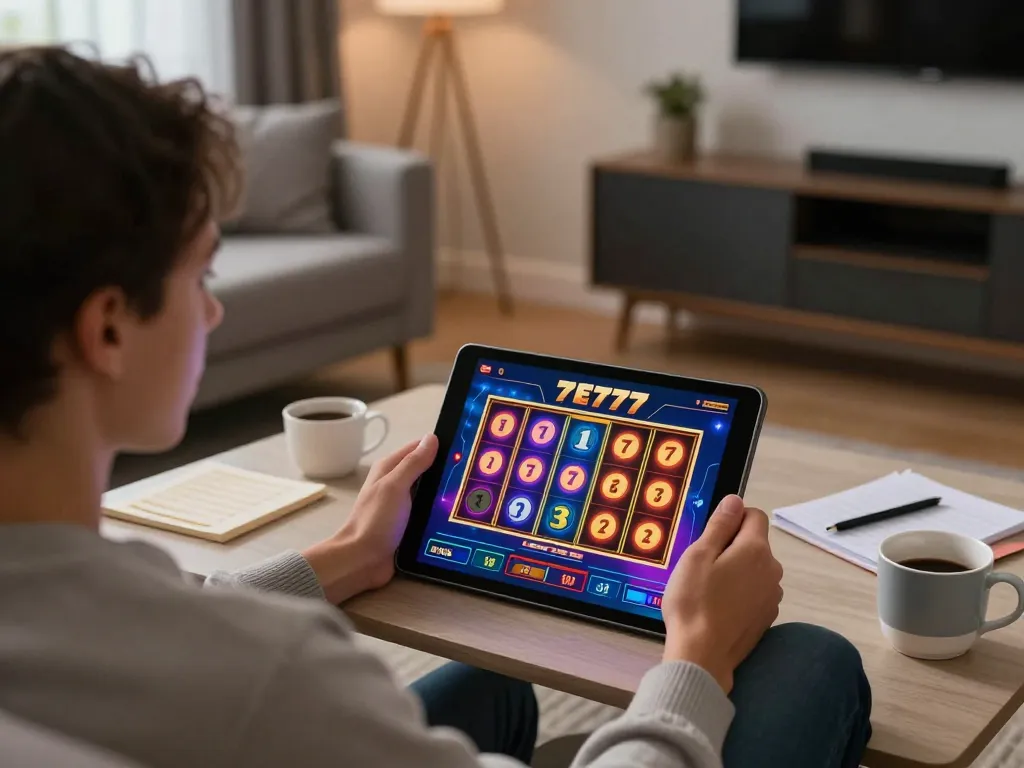 Engaging gameplay on slot777 app showcasing vibrant reel actions in cozy home setup