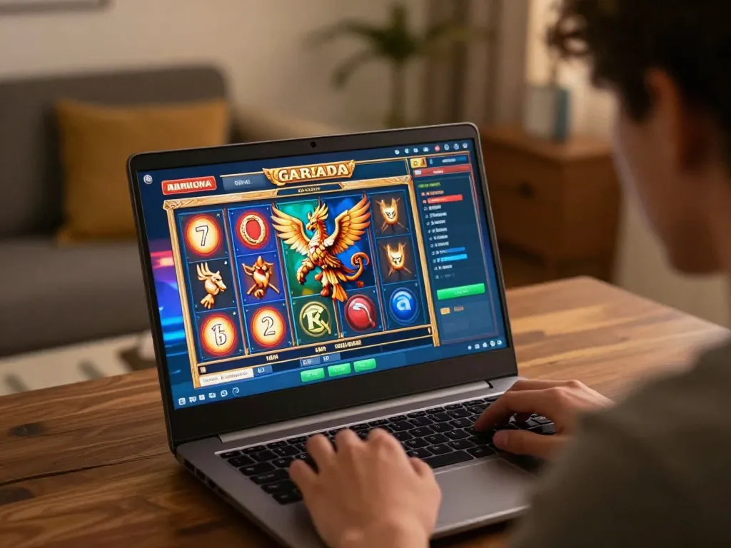 Engaging in the garuda slot game on a laptop, showcasing a thrilling online gaming experience