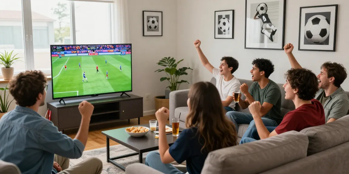 Menonton live streaming bola berkualitas tinggi bersama teman di ruang tamu yang nyaman