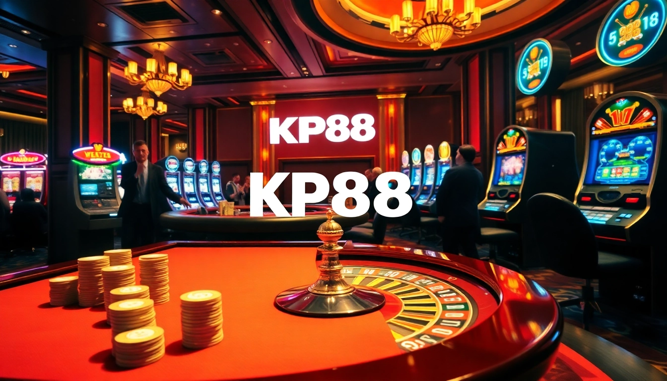 KP88 casino scene showcasing poker chips, roulette wheel, and slot machines in a vibrant atmosphere.