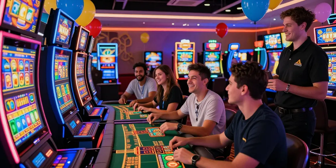 Exciting scene at credit card friendly casinos with players engaged at vibrant gaming stations, celebrating wins.