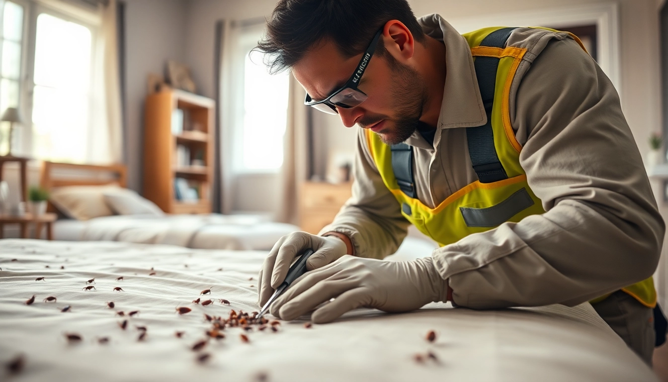 Technician performing bed bug control in a calm bedroom environment, highlighting effective pest management.