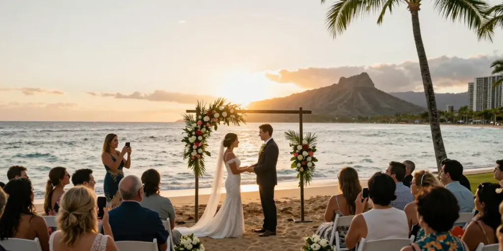 Waikiki wedding photographer capturing an intimate beach ceremony during sunset.