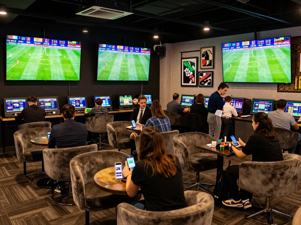 Kèo nhà cái reflects live betting excitement in a modern sports lounge with fans engaged in strategic betting.