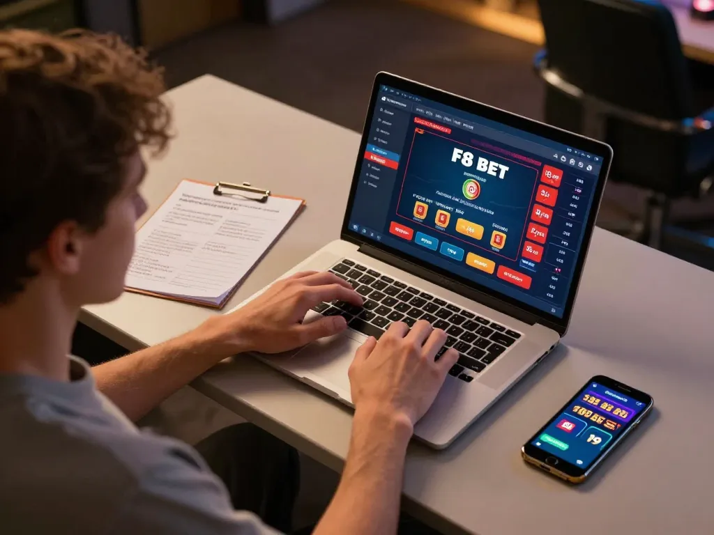 Engaging in online F8 BET casino gameplay at a stylish home setup with betting strategy notes.