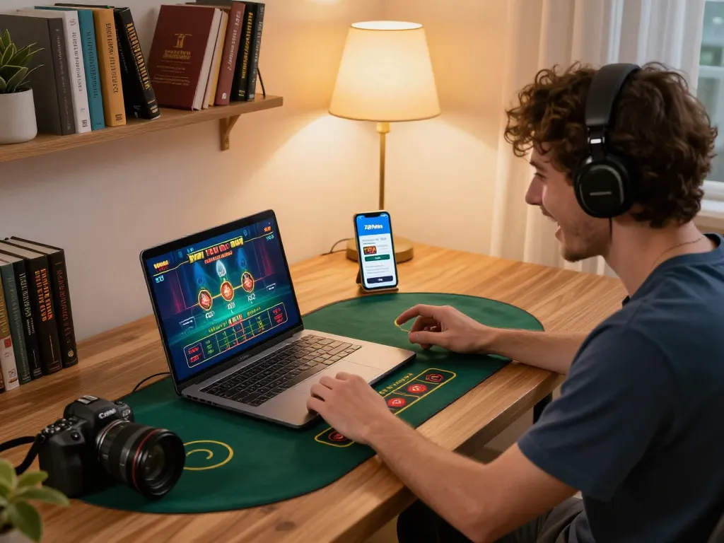 Playing a live casino game on 789win com, capturing the excitement of online gambling from home.