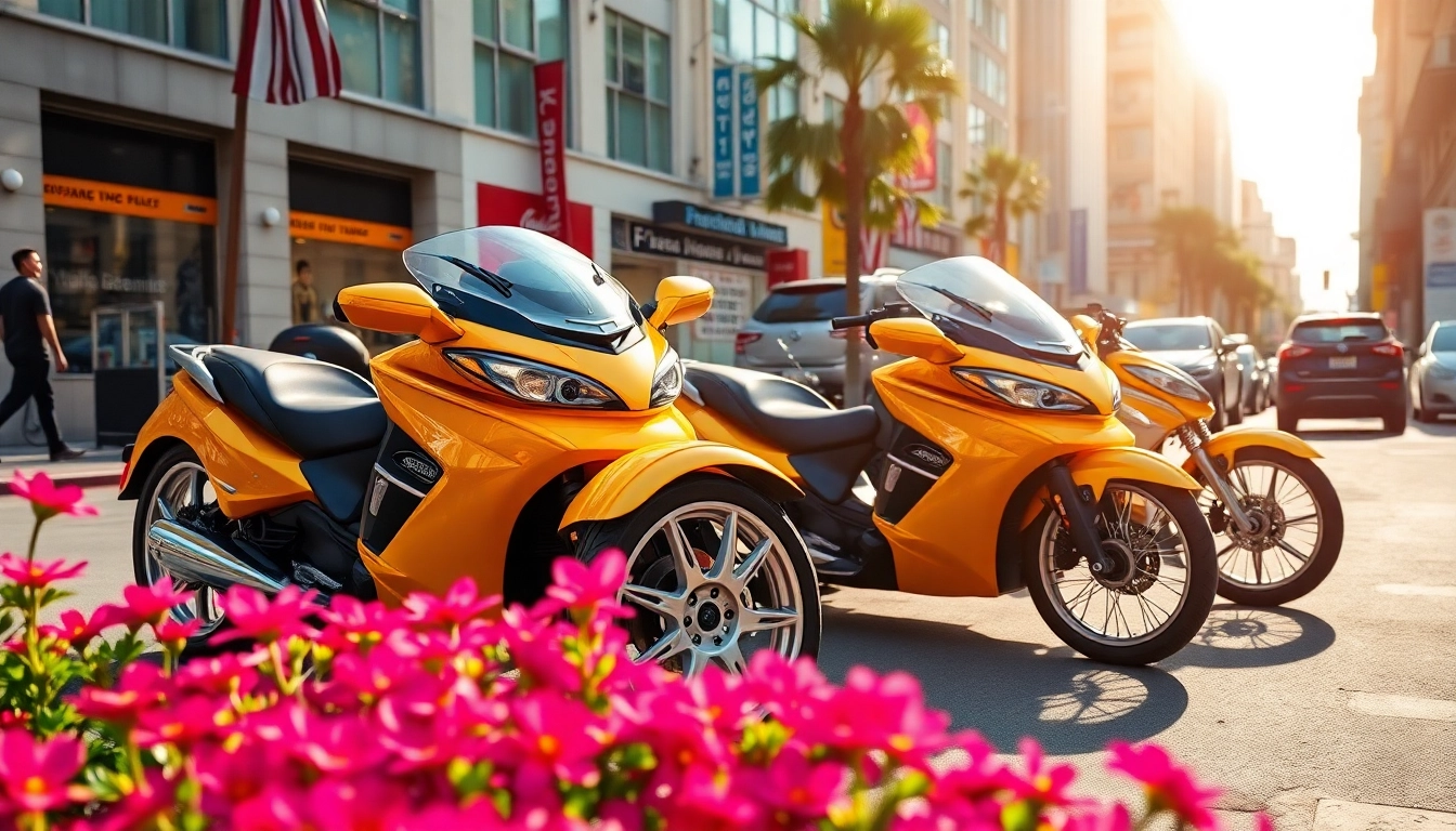 View of affordable cheap street legal three wheeler trikes displaying vibrant colors on a busy city street.