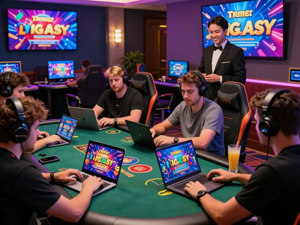 Diverse players enjoying casino games on TG88 platform, illuminated by colorful graphics in an immersive online gaming environment.