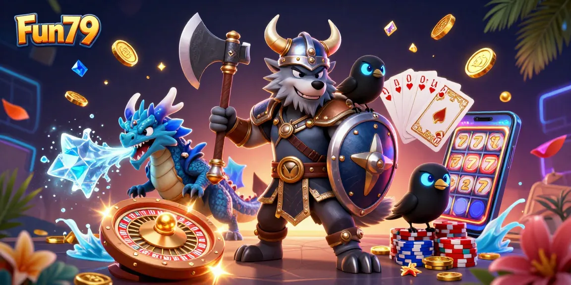 Win big at Fun79 Casino with the Viking wolf warrior amidst cascading gold and gems!