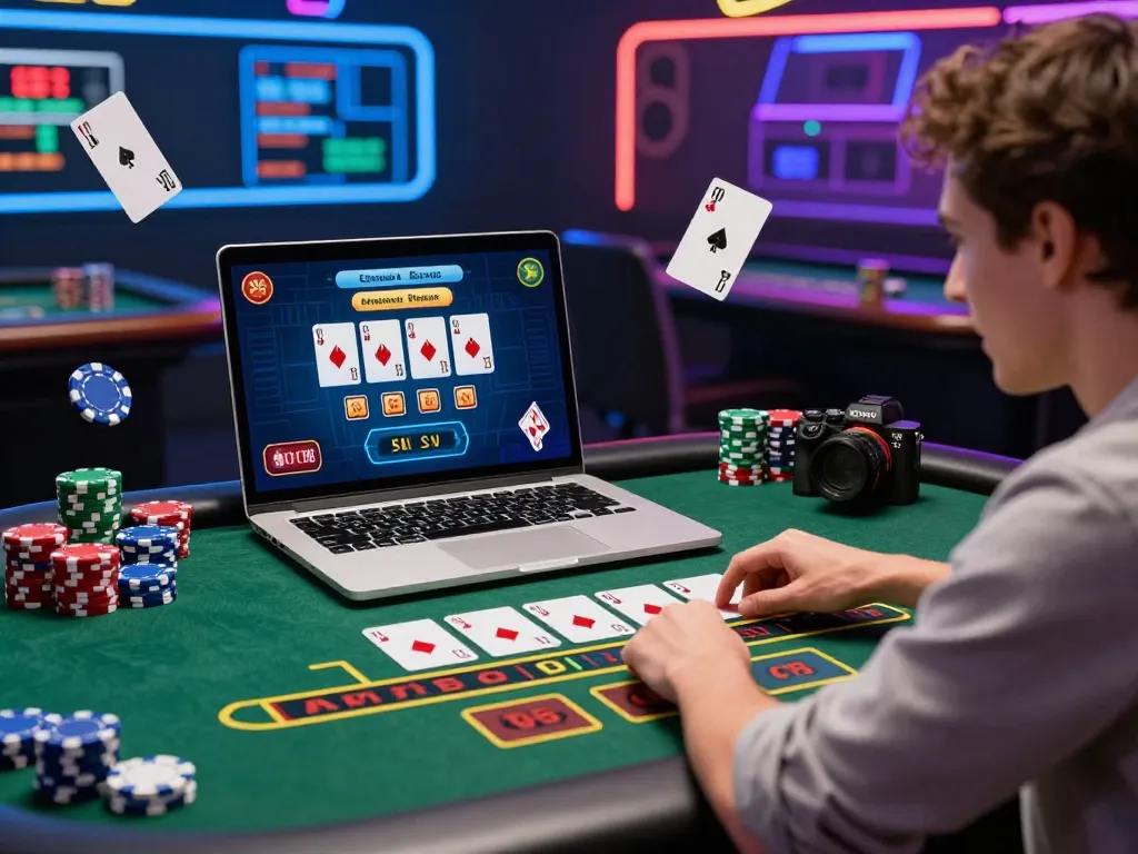 Player at a baccarat table, showcasing an engaging online casino experience with vibrant digital elements, highlighting the keyword 바카라사이트.