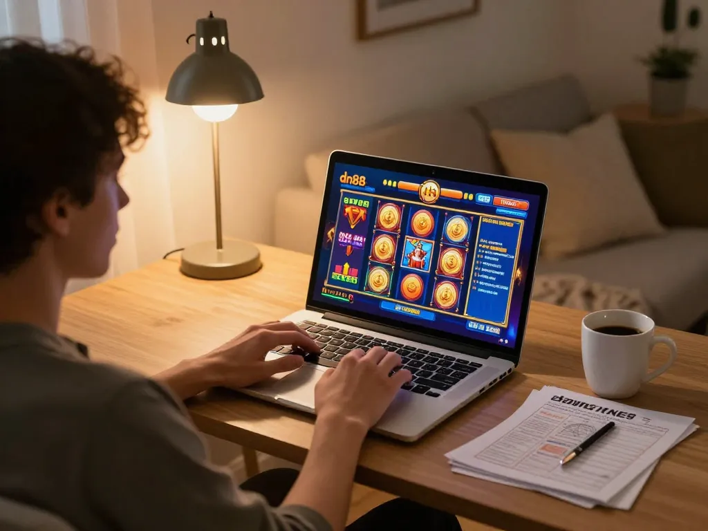 Player engaging in online casino gaming at dn88, showcasing vibrant slot game action in a cozy home setting