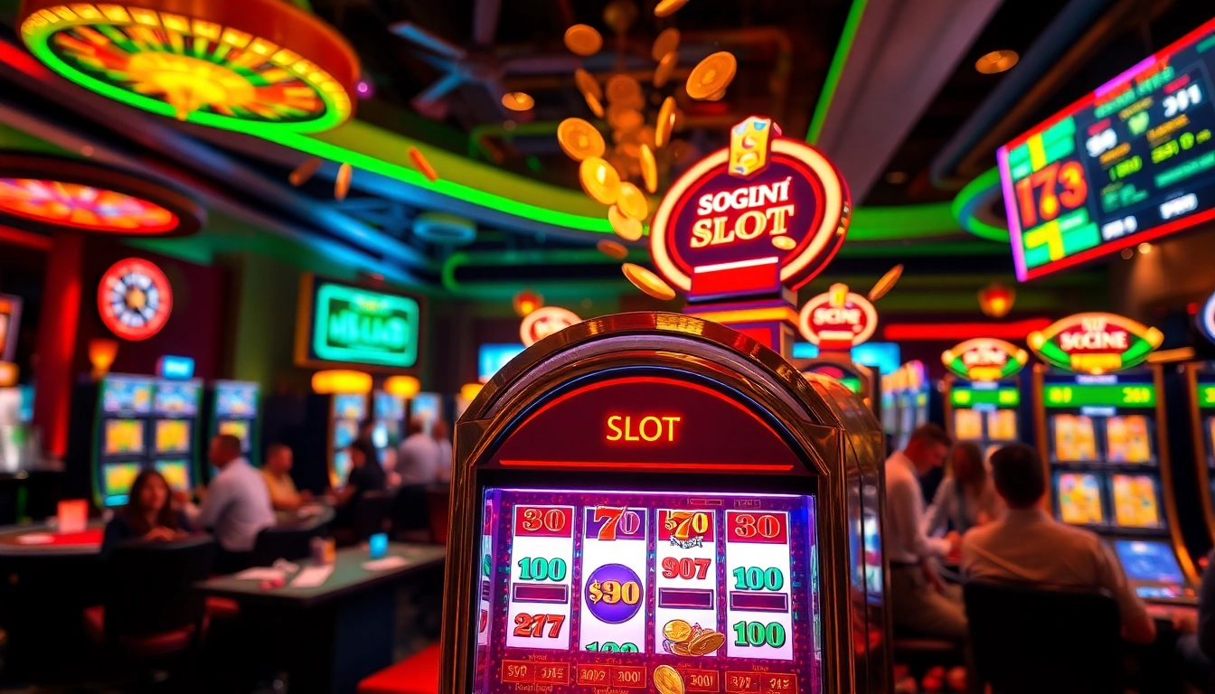 Players celebrating a win on a slot machine in a vibrant casino atmosphere.