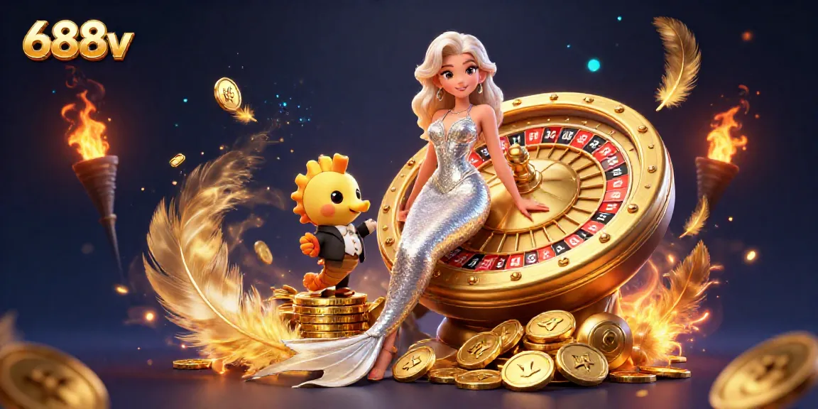 Engage with exciting games at 688v, featuring a stunning mermaid beside a gold roulette wheel.