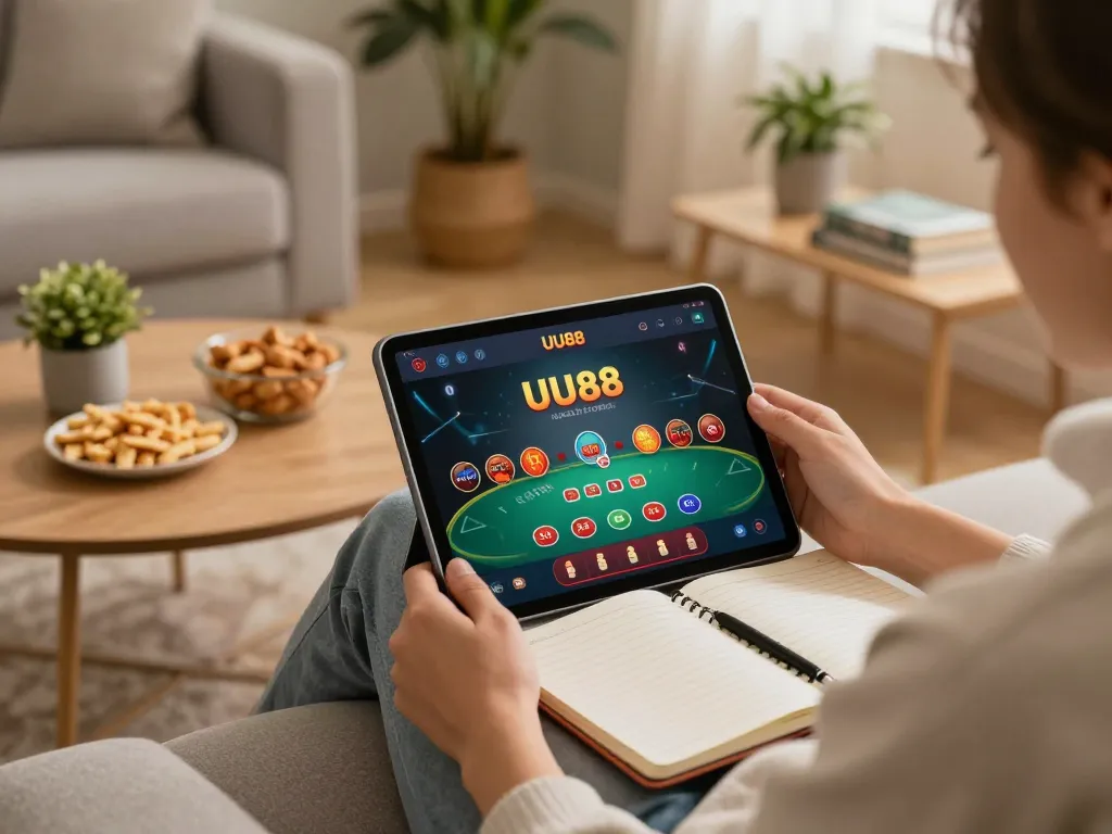 Player enjoying online gaming on UU88 tablet with strategy notes in cozy home setting.