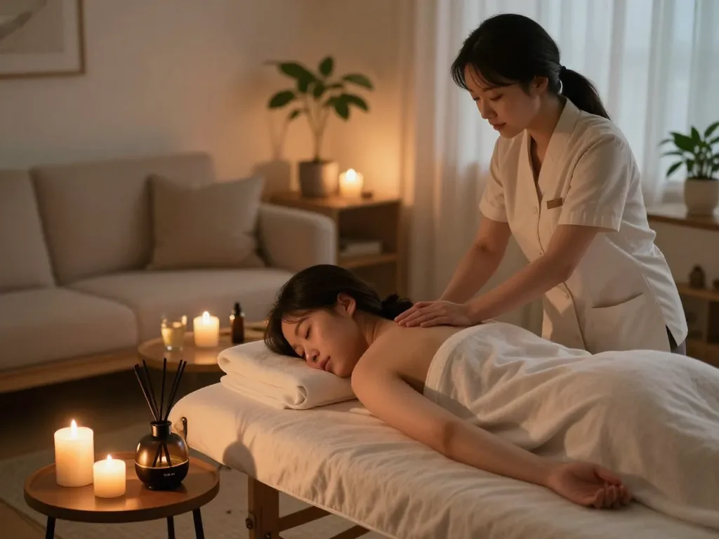 Relaxing 부천 출장마사지 experience in a serene home setting with calming elements.