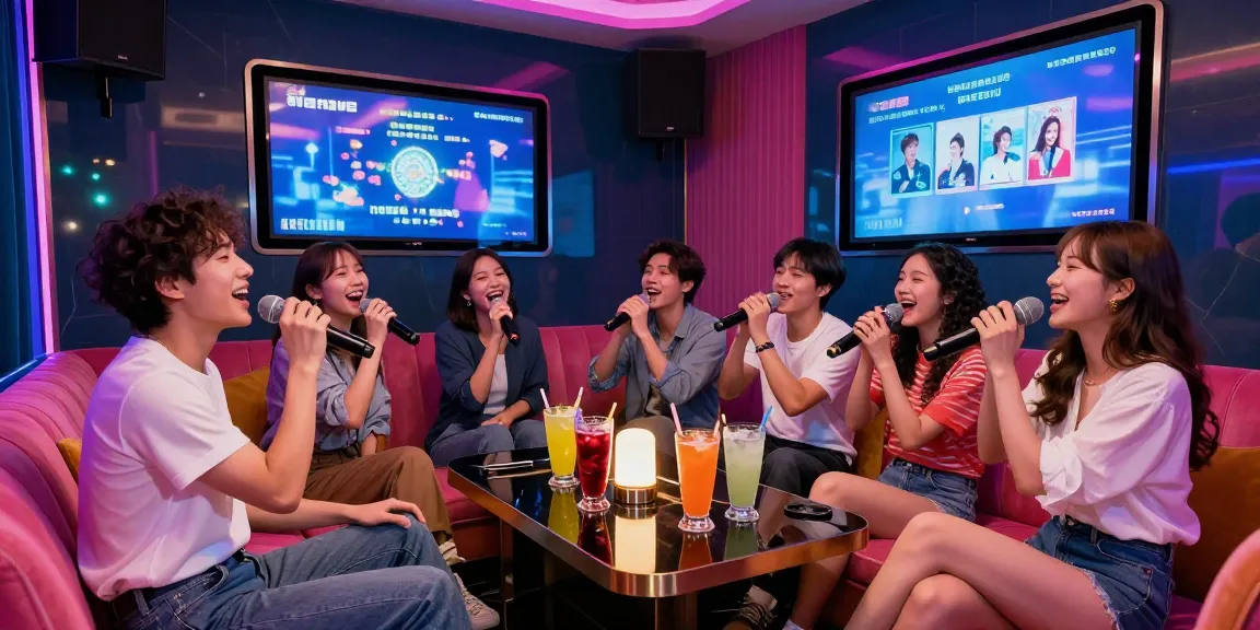 강남 가라오케에서 친구들과 즐겁게 노래하는 모습, 화려한 조명과 고급 음료가 어우러진 분위기