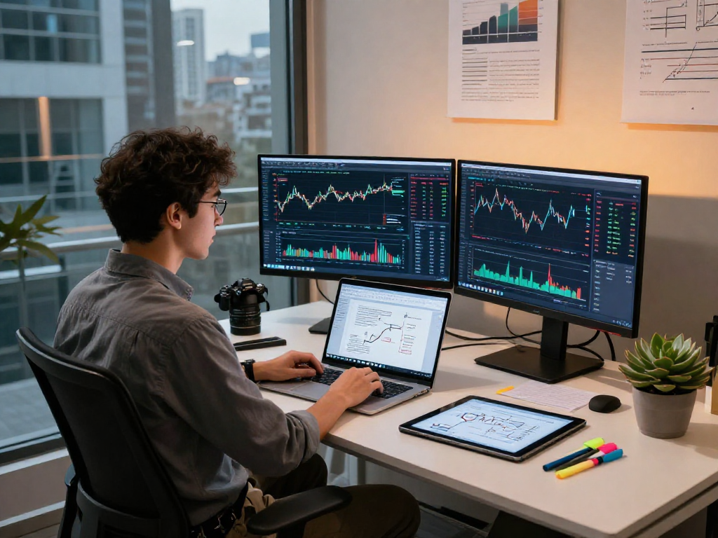 Analyzing index backtesting data in a modern finance development workspace with monitors and charts.