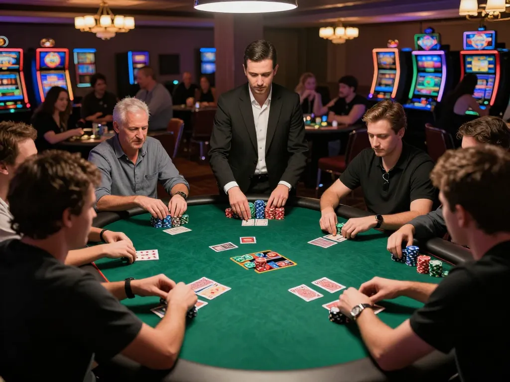 Players engage in an exciting poker game at the casino, with rokok cards dealt and chips stacked, creating a competitive atmosphere.