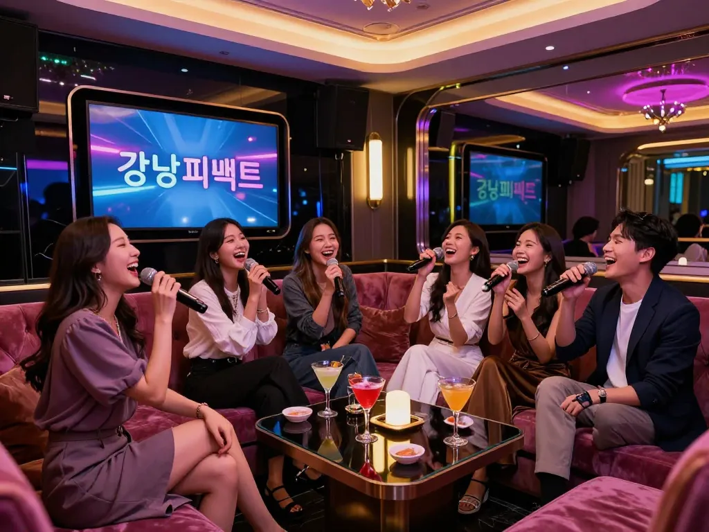 화려한 장식과 고급 오디오가 갖춰진 사치스러운 노래방에서 친구들과 함께 노래를 부르며 밤을 즐기는 모습