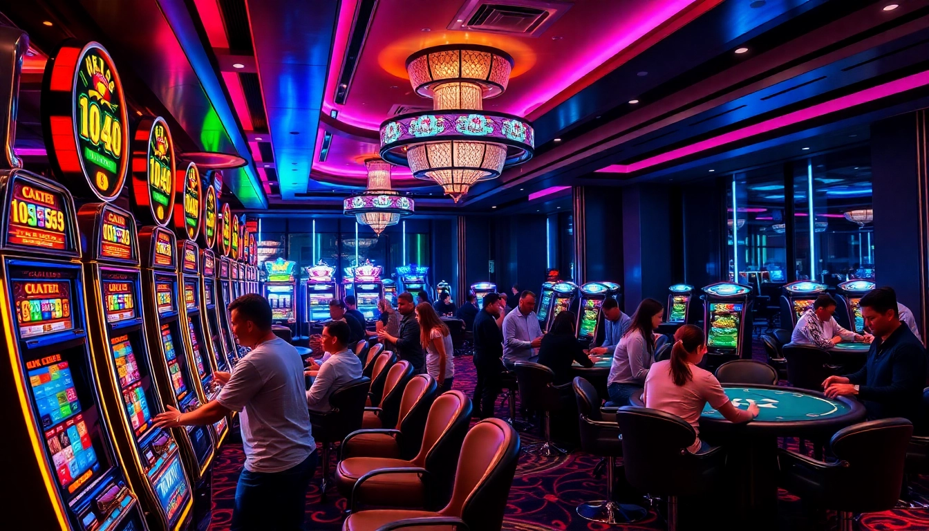 Một người chơi đang tận hưởng bầu không khí chơi game sôi động tại CG79 Casino, tương tác với máy đánh bạc và bàn poker.