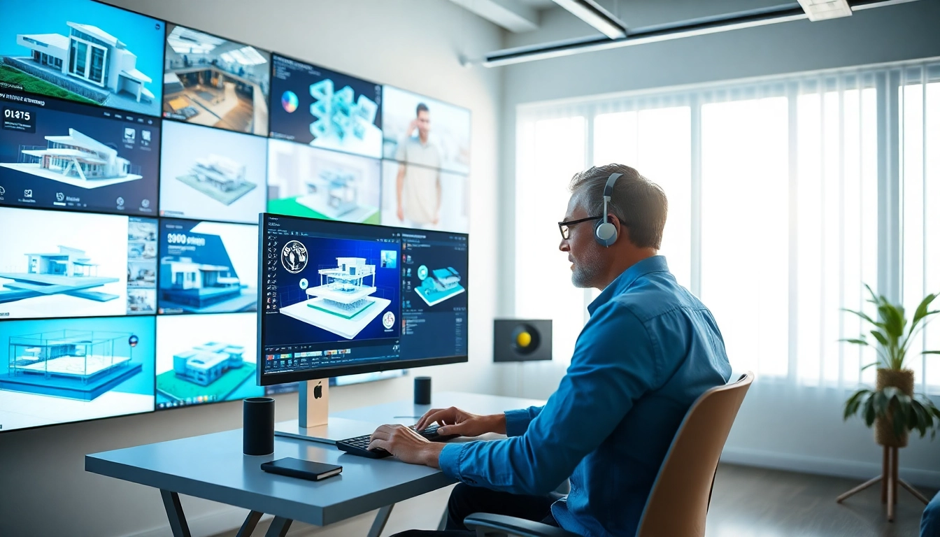 3D Visualisierung erstellen in einem modernen Studio mit einem Designer, der an 3D-Modellen arbeitet.