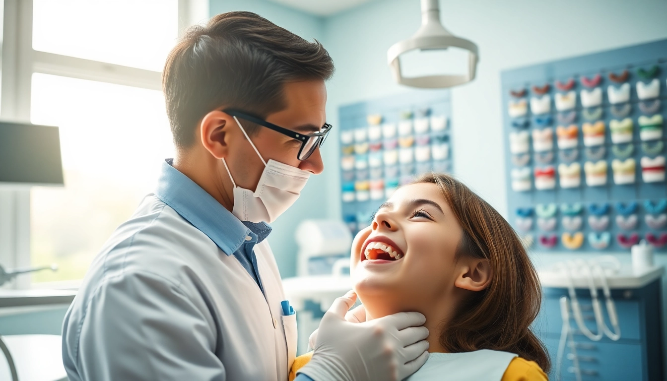 Orthodontics Edmonton: A professional orthodontist assisting a young patient in a bright clinic.