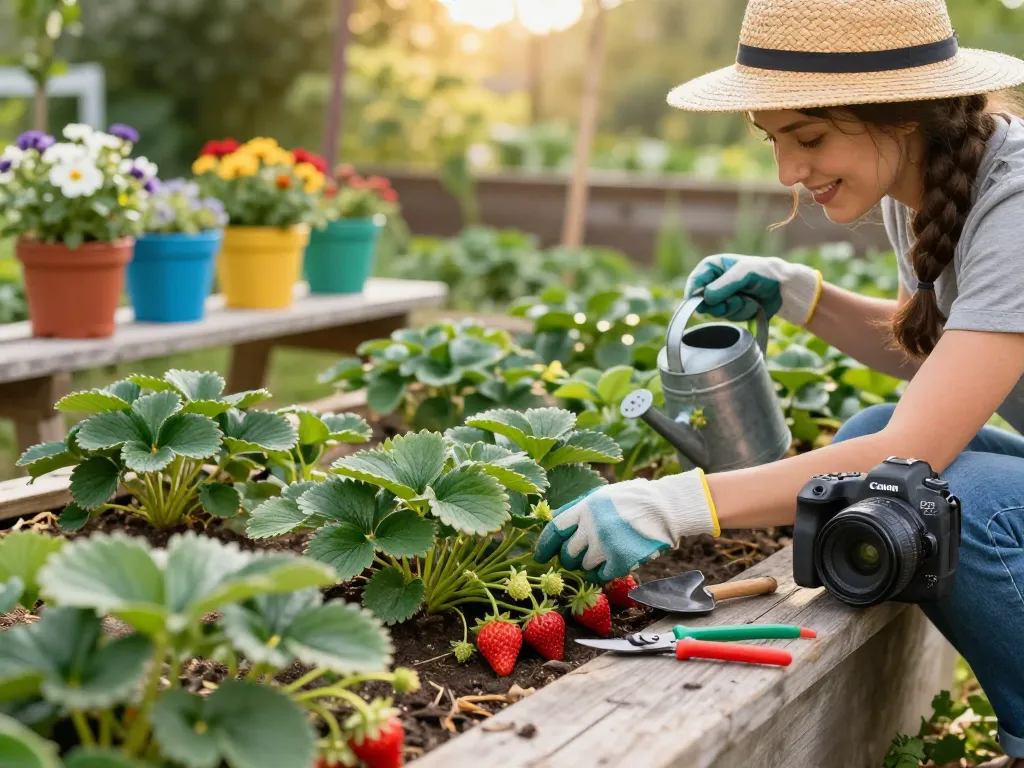 A cheerful gardener inspecting aardbeienplanten kopen in a vibrant home garden.