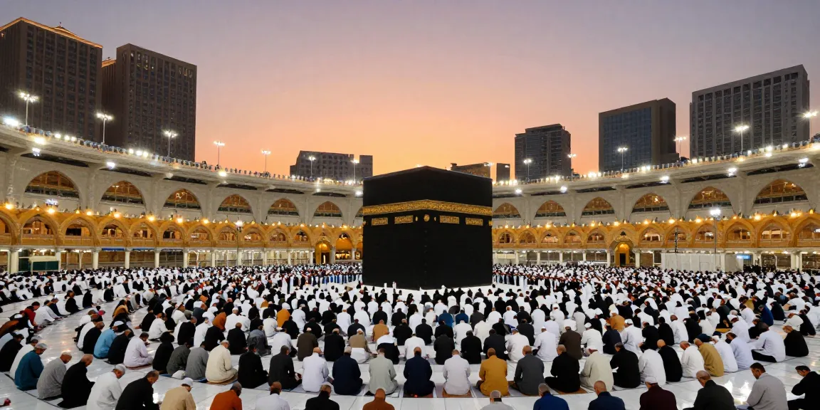 Experience Umroh Itikaf during Ramadan in Makkah, pilgrims gathered in prayer, serene atmosphere, unforgettable spiritual journey.