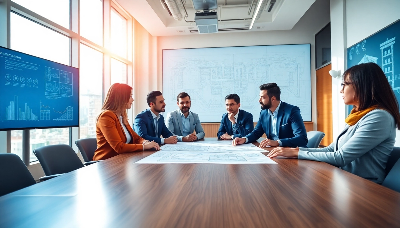 Engaged professionals discuss plans at a construction association meeting in a bright conference room.