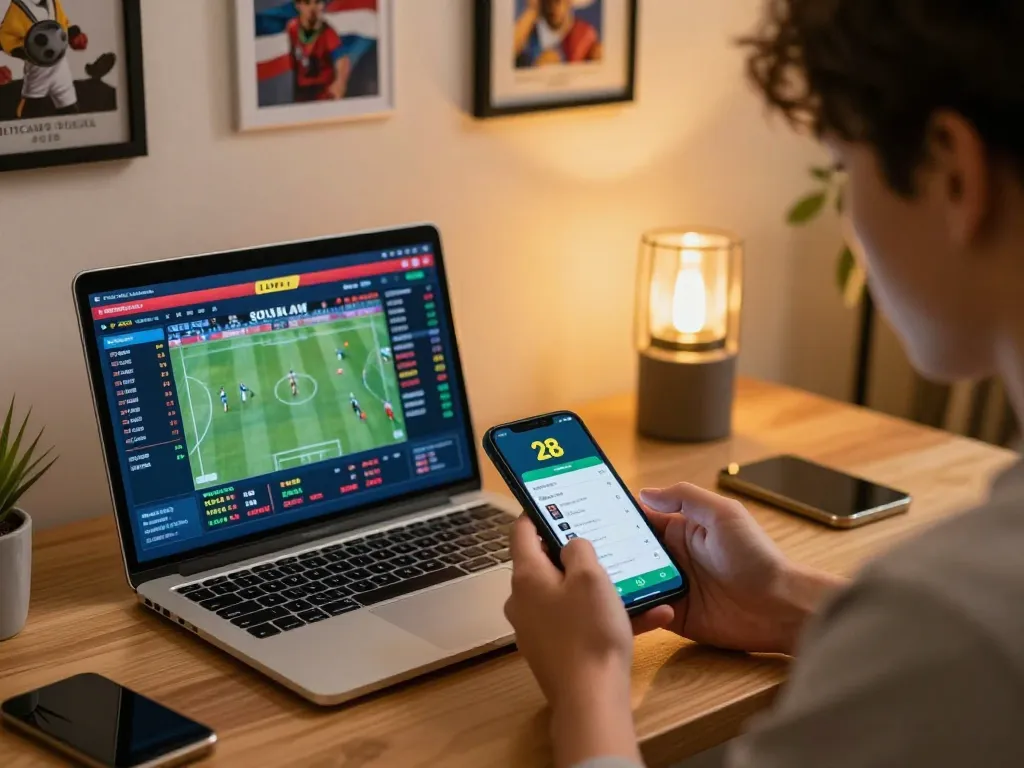 Engaging with the 28bet app for live sports betting excitement in a stylish home setup.