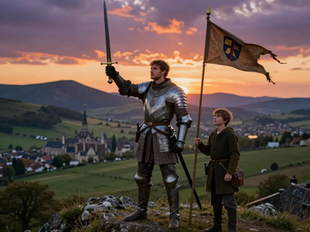 Ser Duncan the Tall, a Knight of the Seven Kingdoms, stands heroically on a hilltop at sunset, embodying adventure and valor.