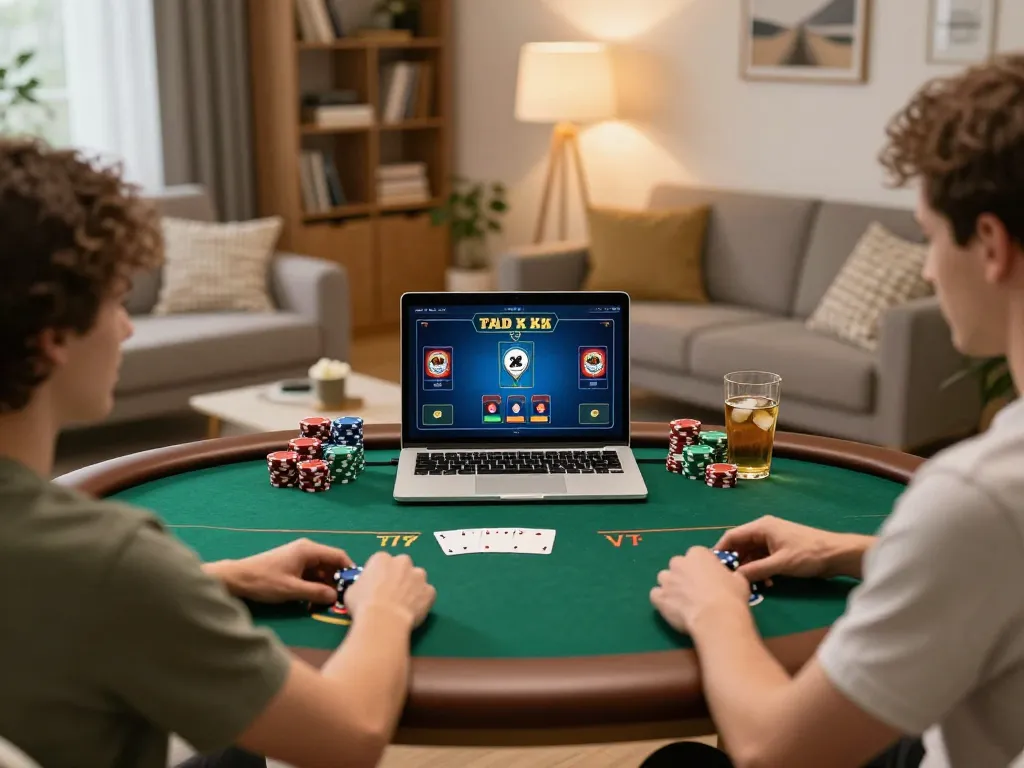 Player engaging in online poker at home with nhacaiuytin strategy notes and organized setup for responsible gambling