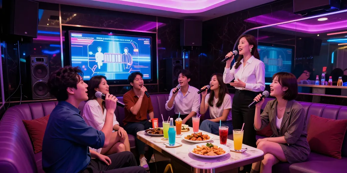 강남 가라오케에서 친구들과 함께 노래 부르는 즐거운 모습과 화려한 조명