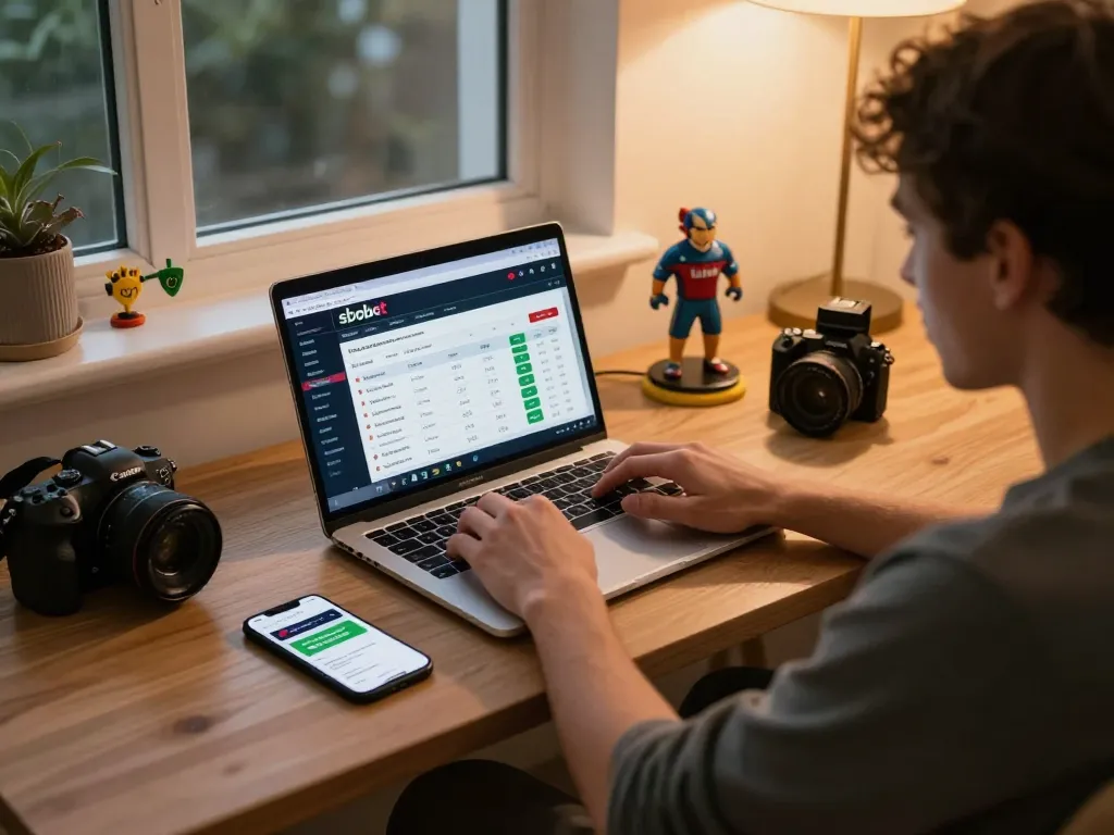 Place strategic bets on sbobet with a dynamic sports betting scene at home, laptop and smartphone in view.