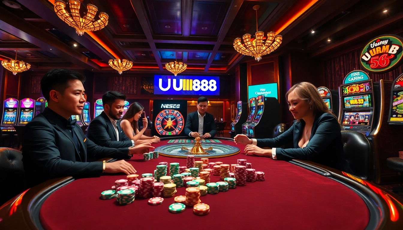 Players engaging in a thrilling game at UU88 casino, showcasing vibrant poker chips and a roulette wheel.