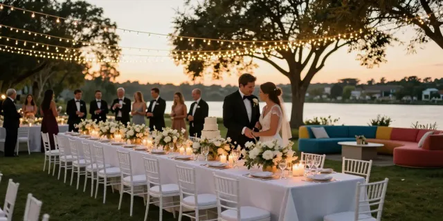 Event furniture rental enhances wedding reception elegance with stylish chairs and tables under twinkling lights.