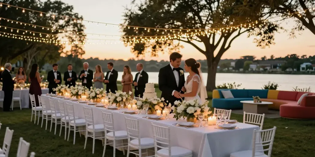 Event furniture rental enhances wedding reception elegance with stylish chairs and tables under twinkling lights.