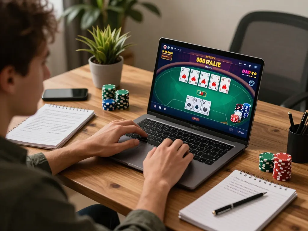 Playing poker on a laptop at home while managing bankroll strategies through https://n188.build/ in a cozy environment