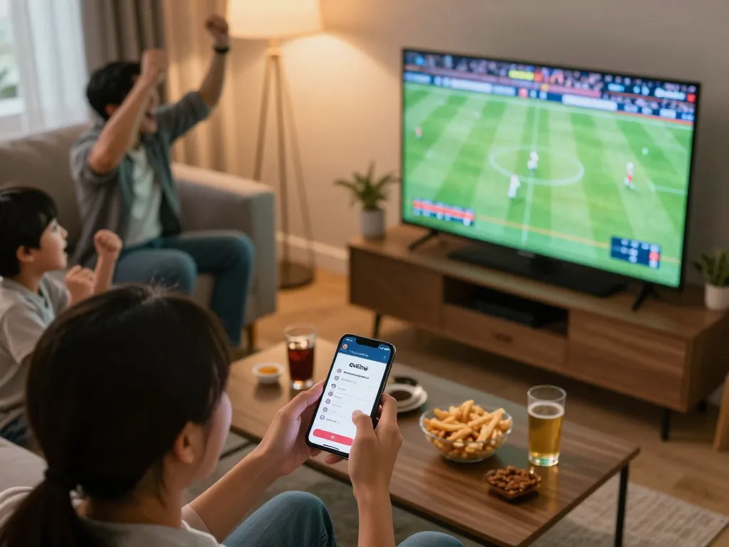 Person engaging in sports betting using https://keotructuyen.com.mx/ during a live football match, creating an electric atmosphere.