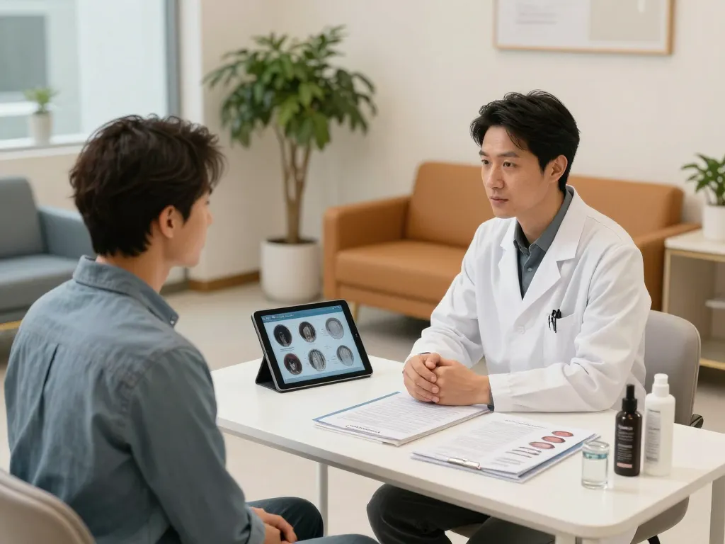 自毛植毛おすすめ口コミ＆評判情報【ショクコミ】についての専門的なアドバイスを示すヘア再生クリニックの相談シーン