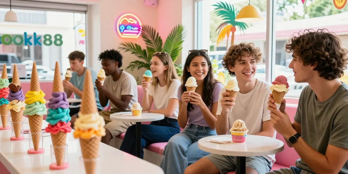Friends savoring delicious rokok88 ice cream in a colorful ice cream parlor.