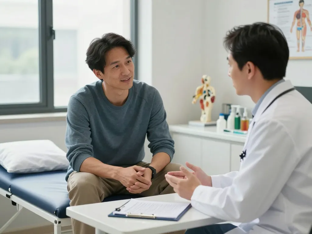 現代的な医療相談シーンで患者と医師が登場するアトムクリニックの口コミレビュー