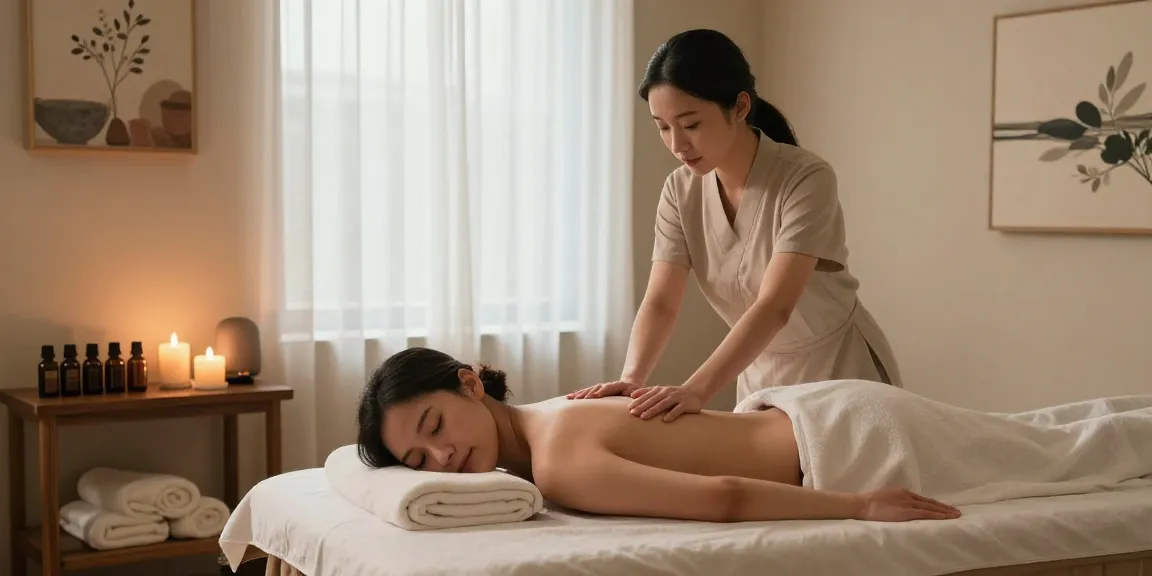 스웨디시 마사지를 받는 여성과 아로마 오일, 편안한 마사지 방 풍경