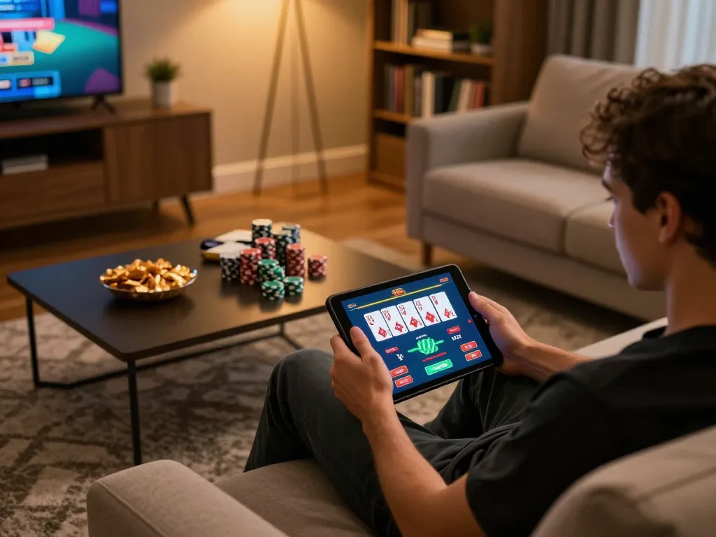 Enjoying w188 online poker on a tablet with warm indoor lighting and poker chips
