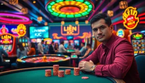 Experience the thrill of gambling with LIÊN MINH KJC at a vibrant casino bustling with action and excitement.