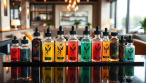 Liquid in stylish glass bottles highlighting vibrant flavors auf einer eleganten Fläche.