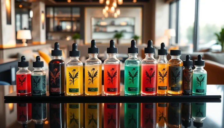 Liquid in stylish glass bottles highlighting vibrant flavors auf einer eleganten Fläche.