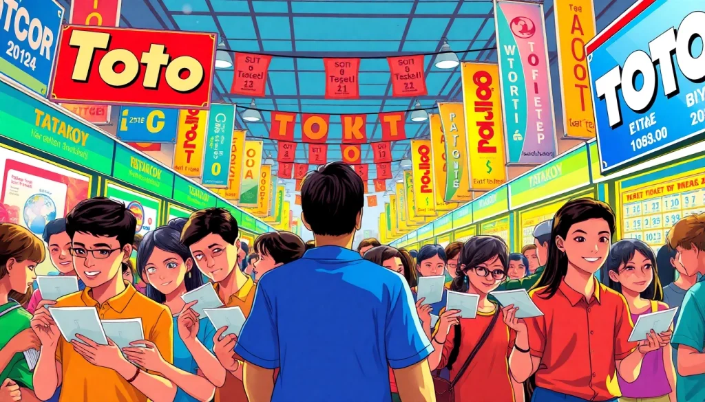 Menampilkan suasana pasar toto togel yang ramai dengan orang-orang antusias memeriksa tiket.