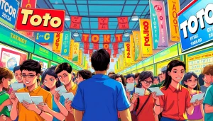 Menampilkan suasana pasar toto togel yang ramai dengan orang-orang antusias memeriksa tiket.
